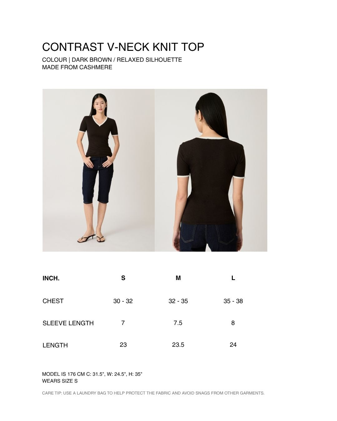 Returns to Nature - Contrast V-Neck Knit Top in Dark Brown