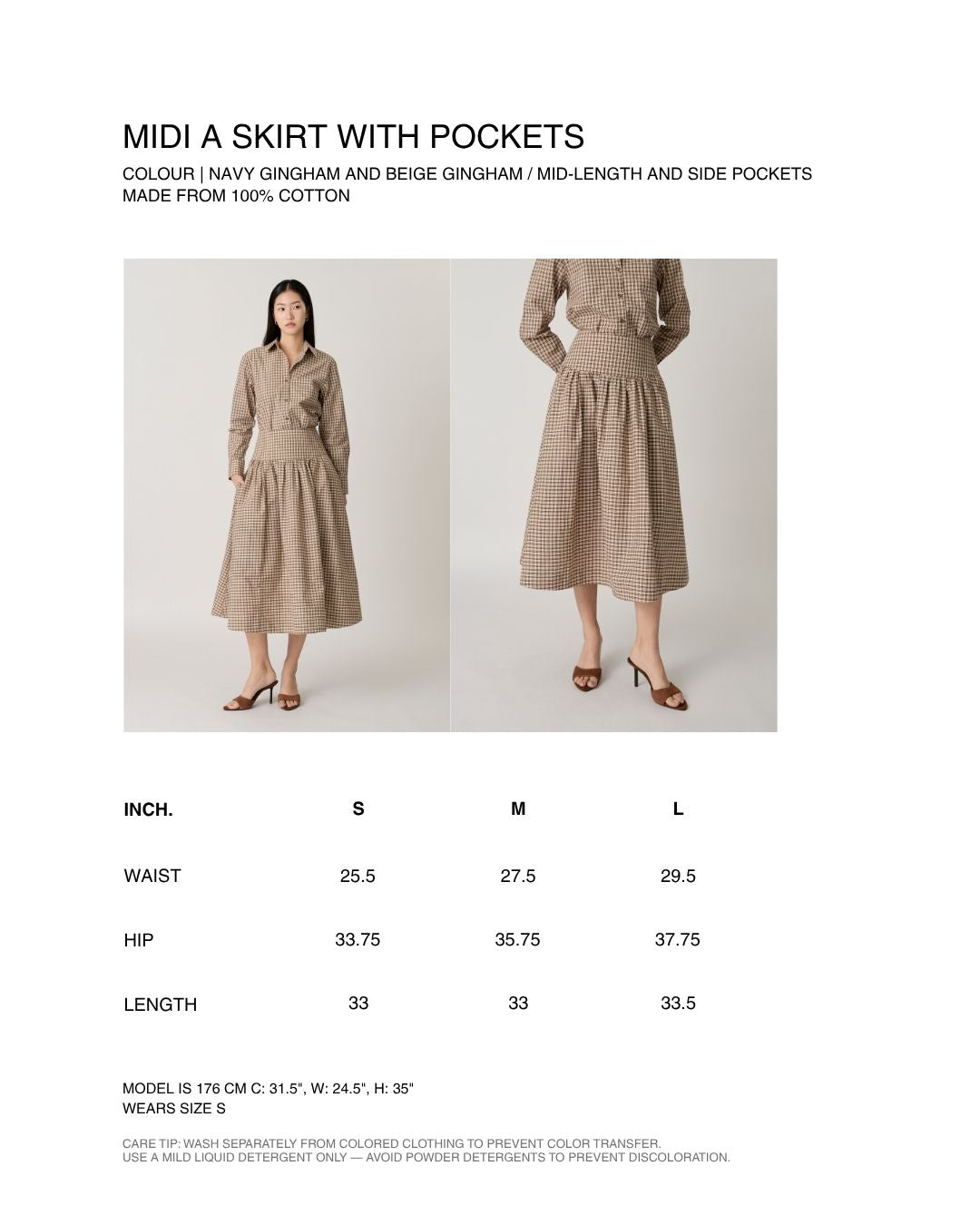 Returns to Nature - Midi A Skirt With Pockets in Beige Gingham