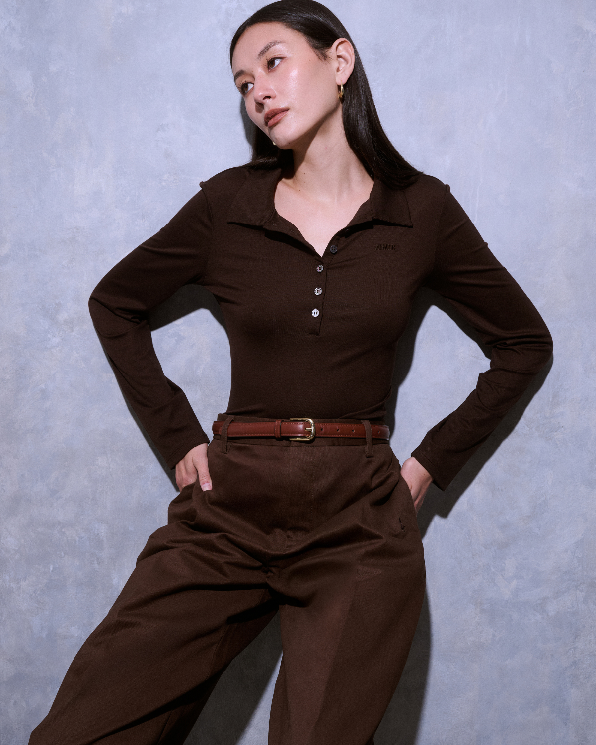 Jungle Urbaine - Slim Fit Long Sleeve Polo in Dark Brown