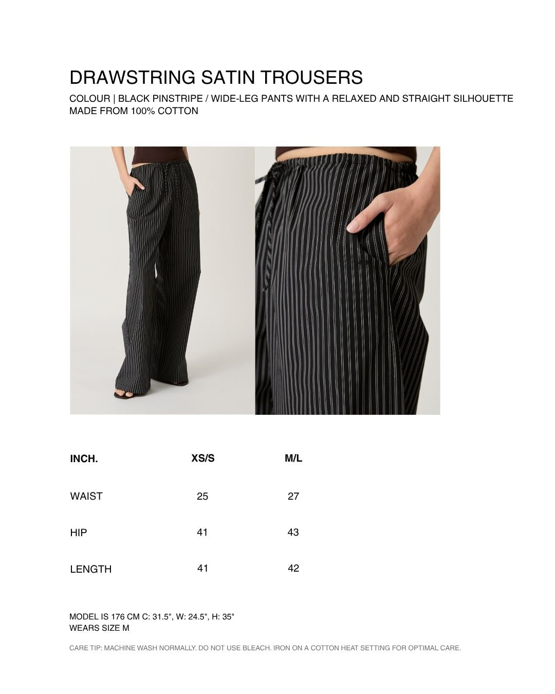 Returns to Nature - Drawstring Cotton Trousers in Black Pinstripe