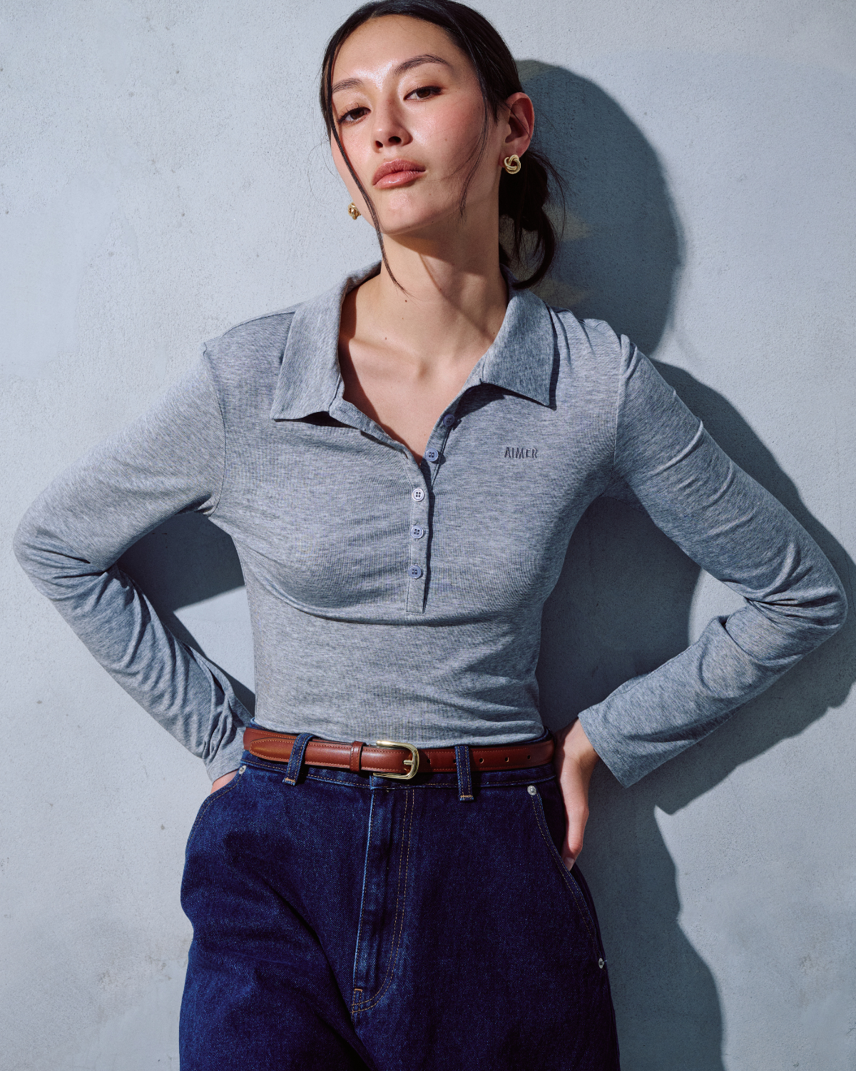 Jungle Urbaine  - Slim Fit Long Sleeve Polo in Grey