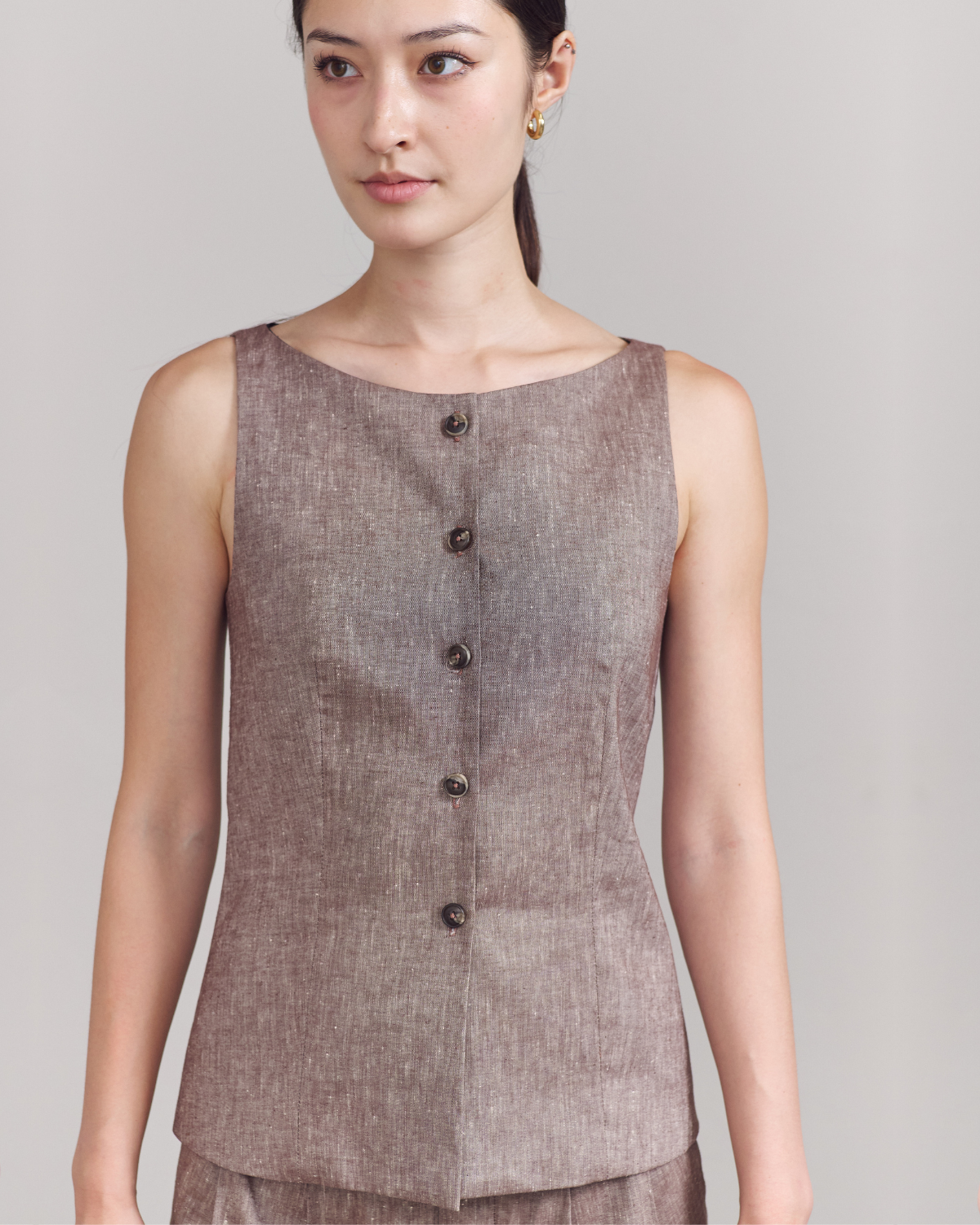 SS25 Lin et Lumière - Classic Square Neck Vest in Mocha Linen