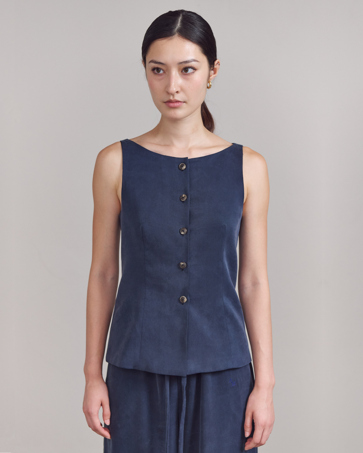 SS25 Lin et Lumière - Classic Square Neck Vest in Navy Tencel
