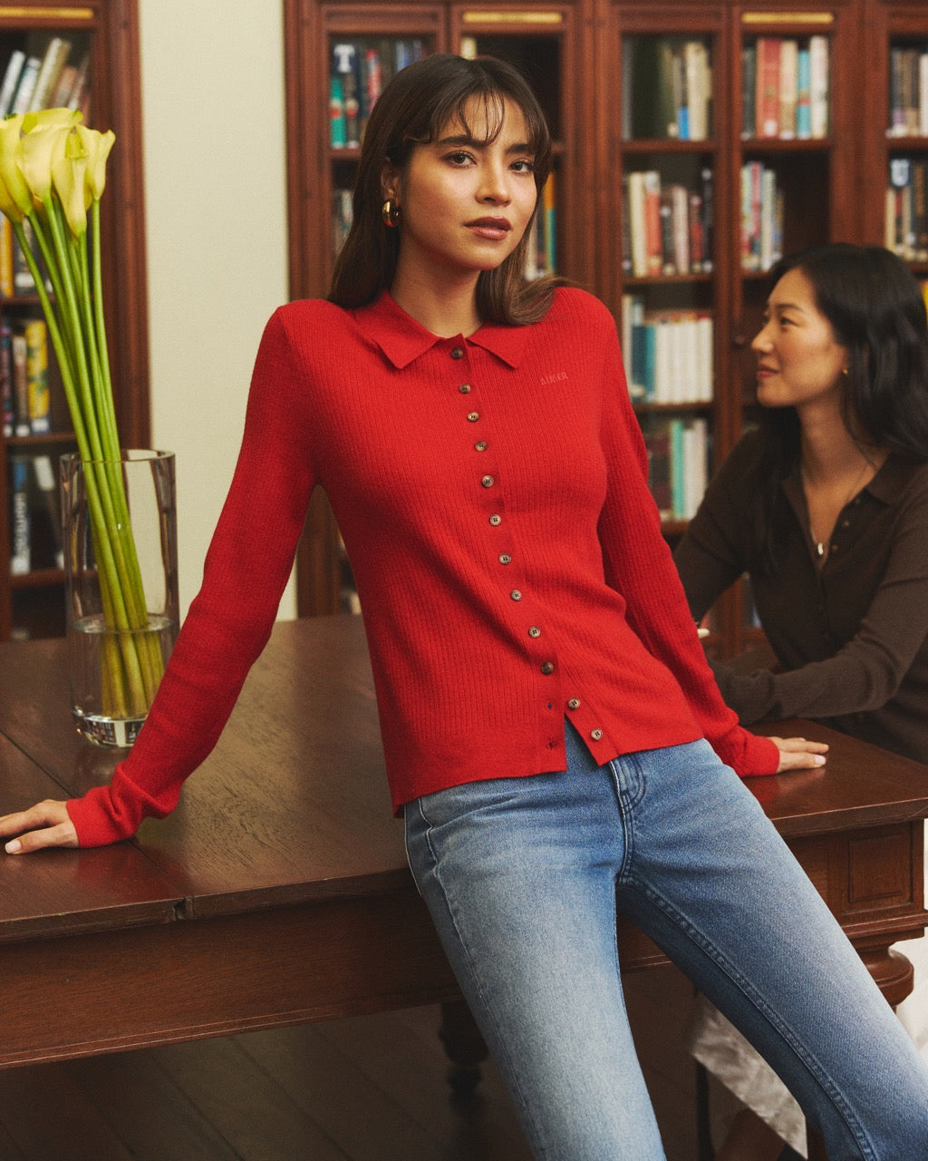 Knit Programme - Slim Knitted Polo Cardigan in Rouge