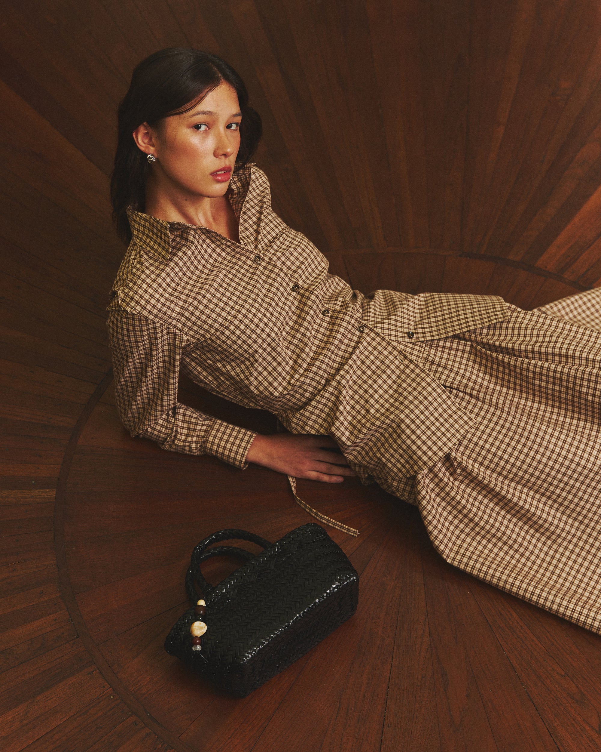 Returns to Nature - Regular Fit Shirt With Drawstring in Beige Gingham