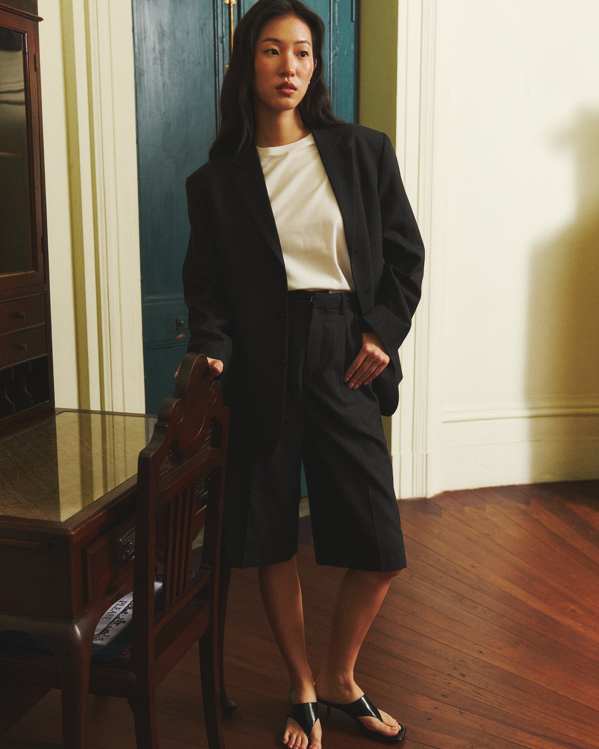 Returns to Nature - High-Waisted Bermuda Shorts in Charcoal Pinstripe