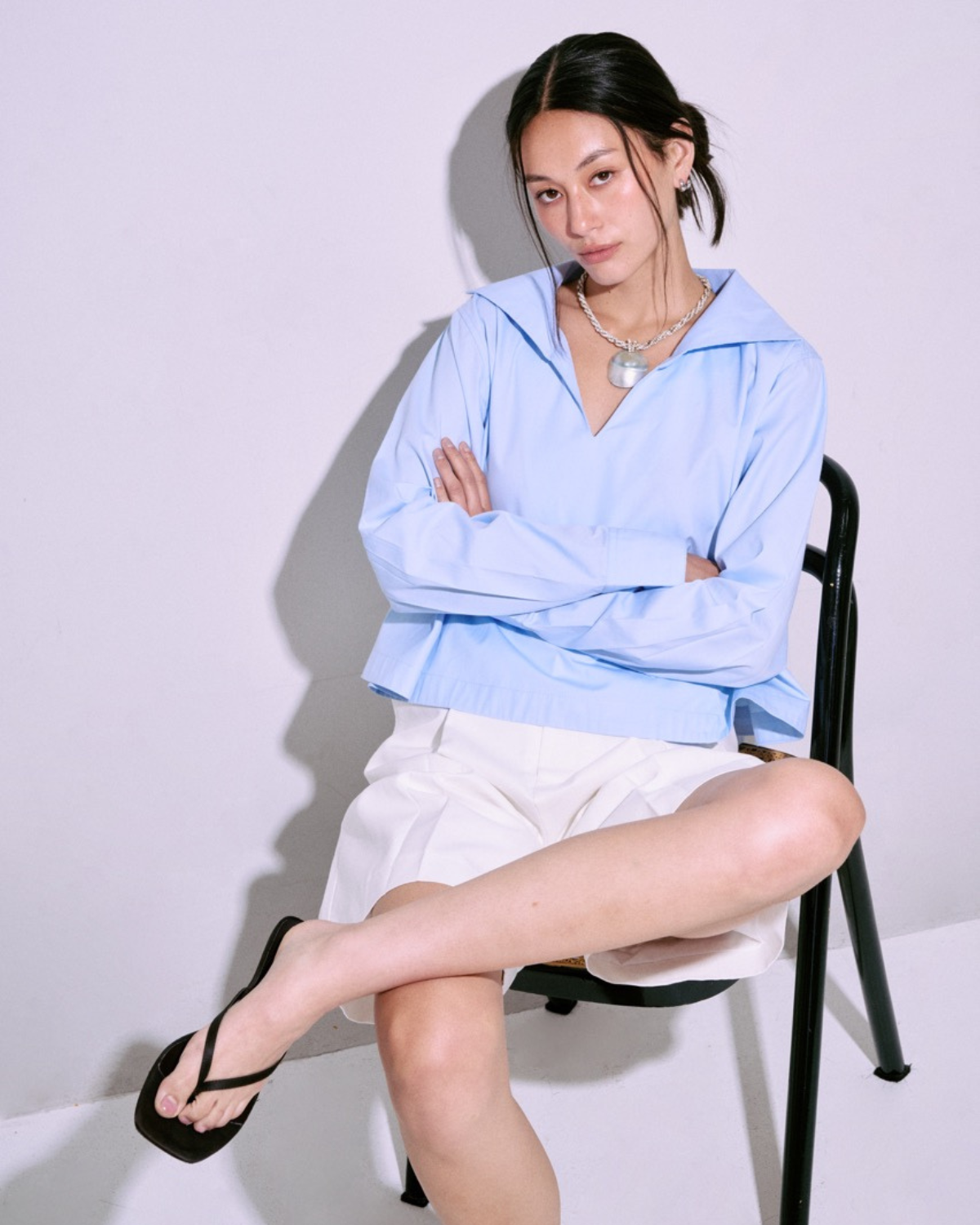 Jungle Urbaine - Sailor Pleated Crop Shirt in Light Blue