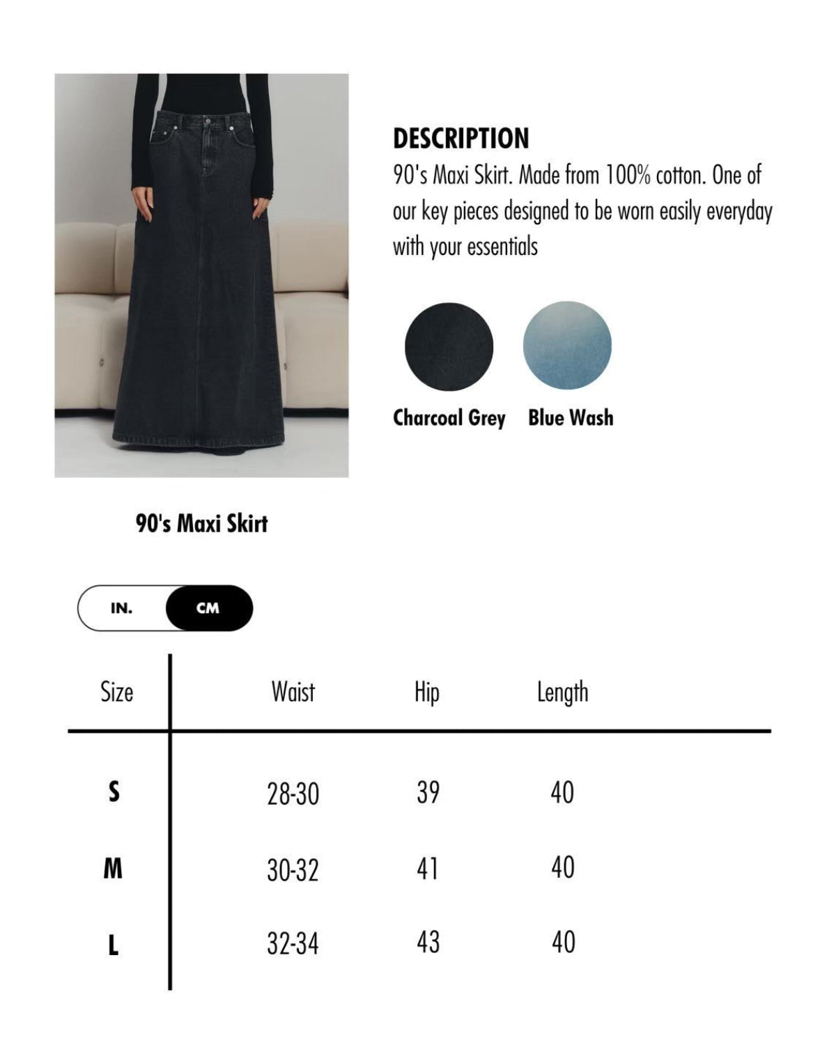 AIMER - 90s Maxi Skirt Denim in 90s Blue Wash