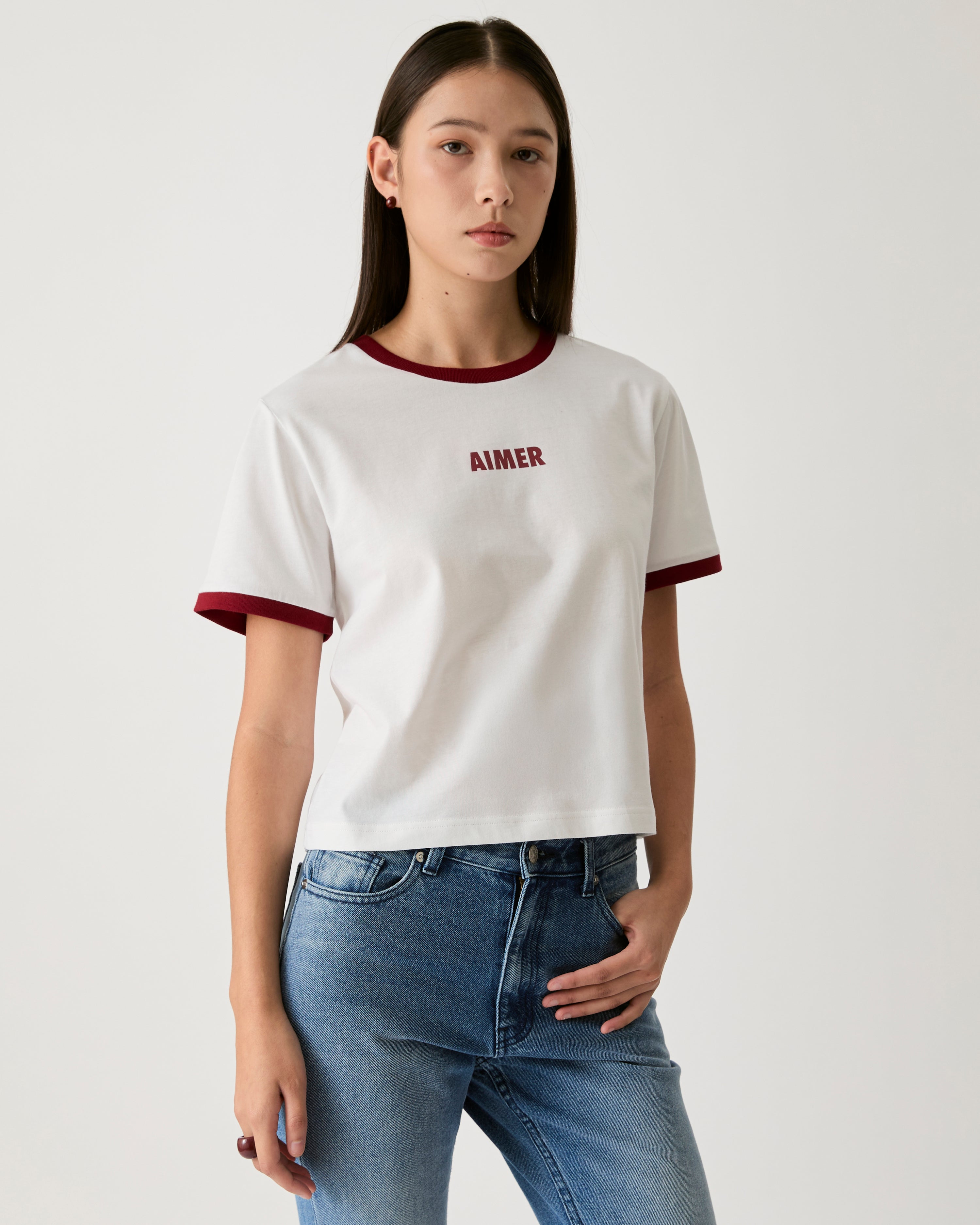 Knit Programme - AIMER Contrast Ribbed T-Shirt in White Burgundy