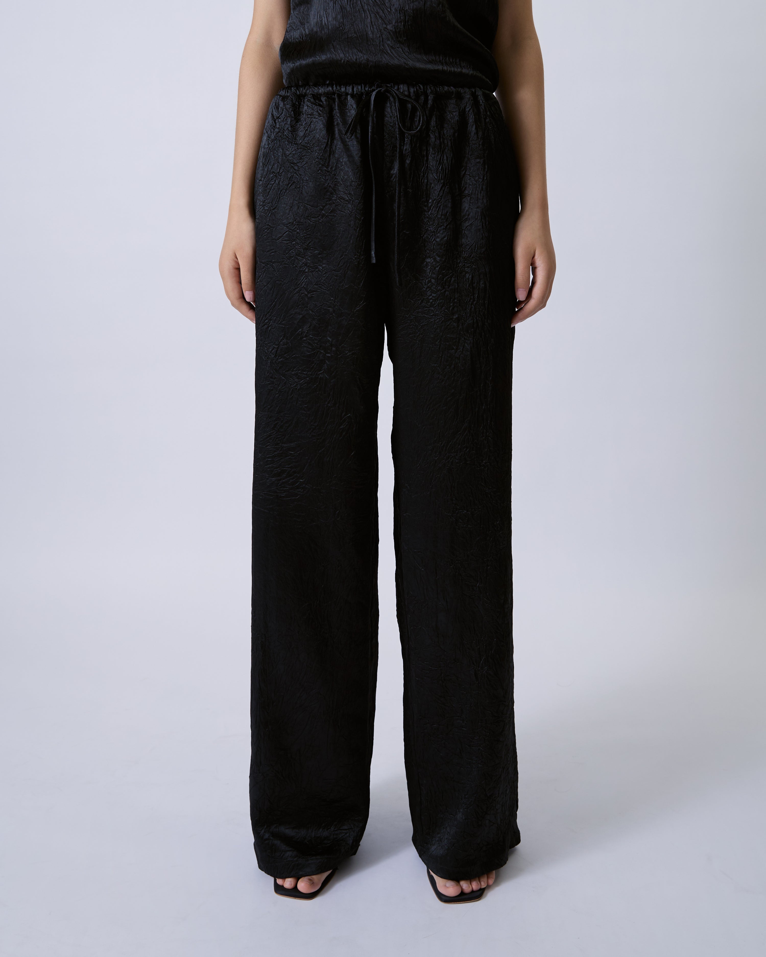 Jungle Urbaine - Drawstring Satin Trousers in Textured Black