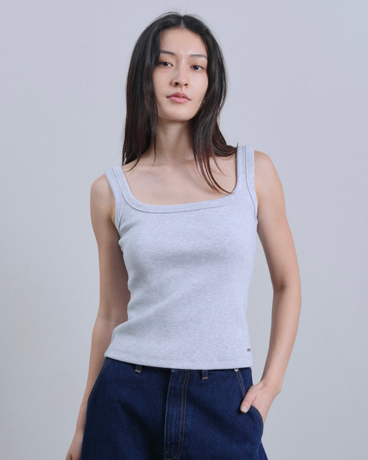 SS25 Denim - Square Neck Ribbed Tank Top in Light Grey