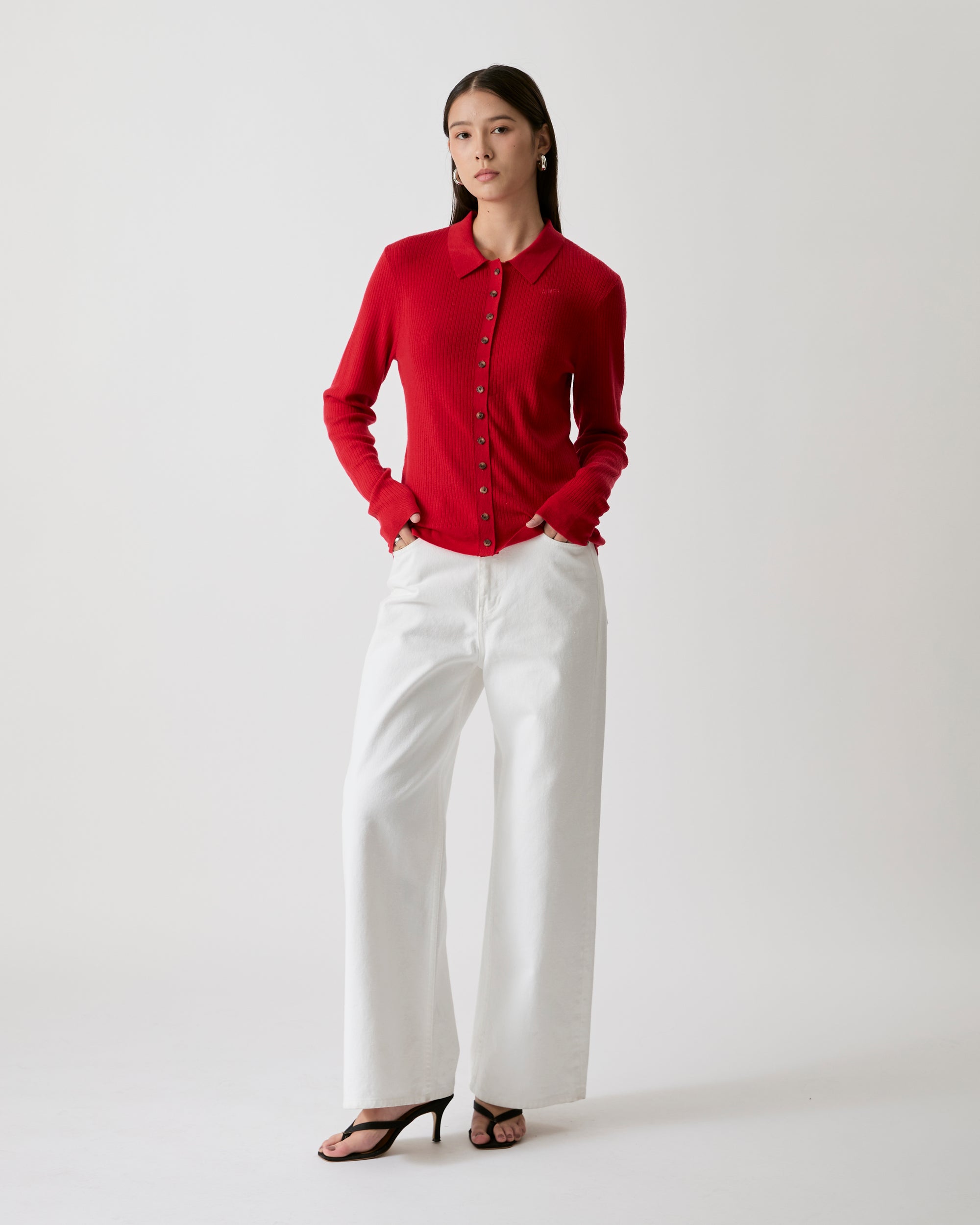 Knit Programme - Slim Knitted Polo Cardigan in Rouge