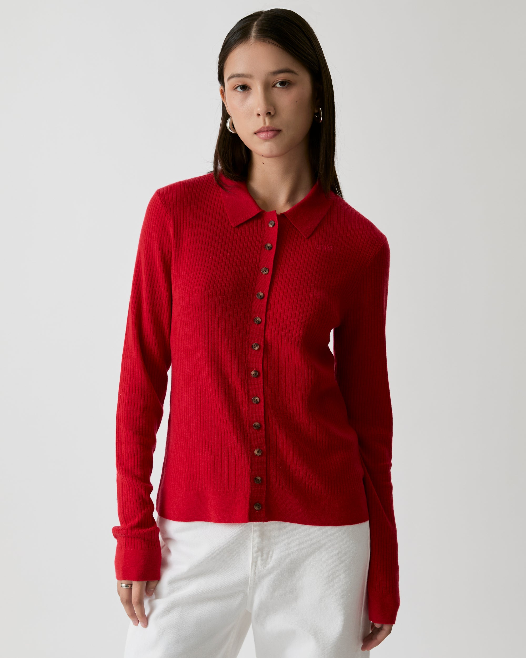 Knit Programme - Slim Knitted Polo Cardigan in Rouge