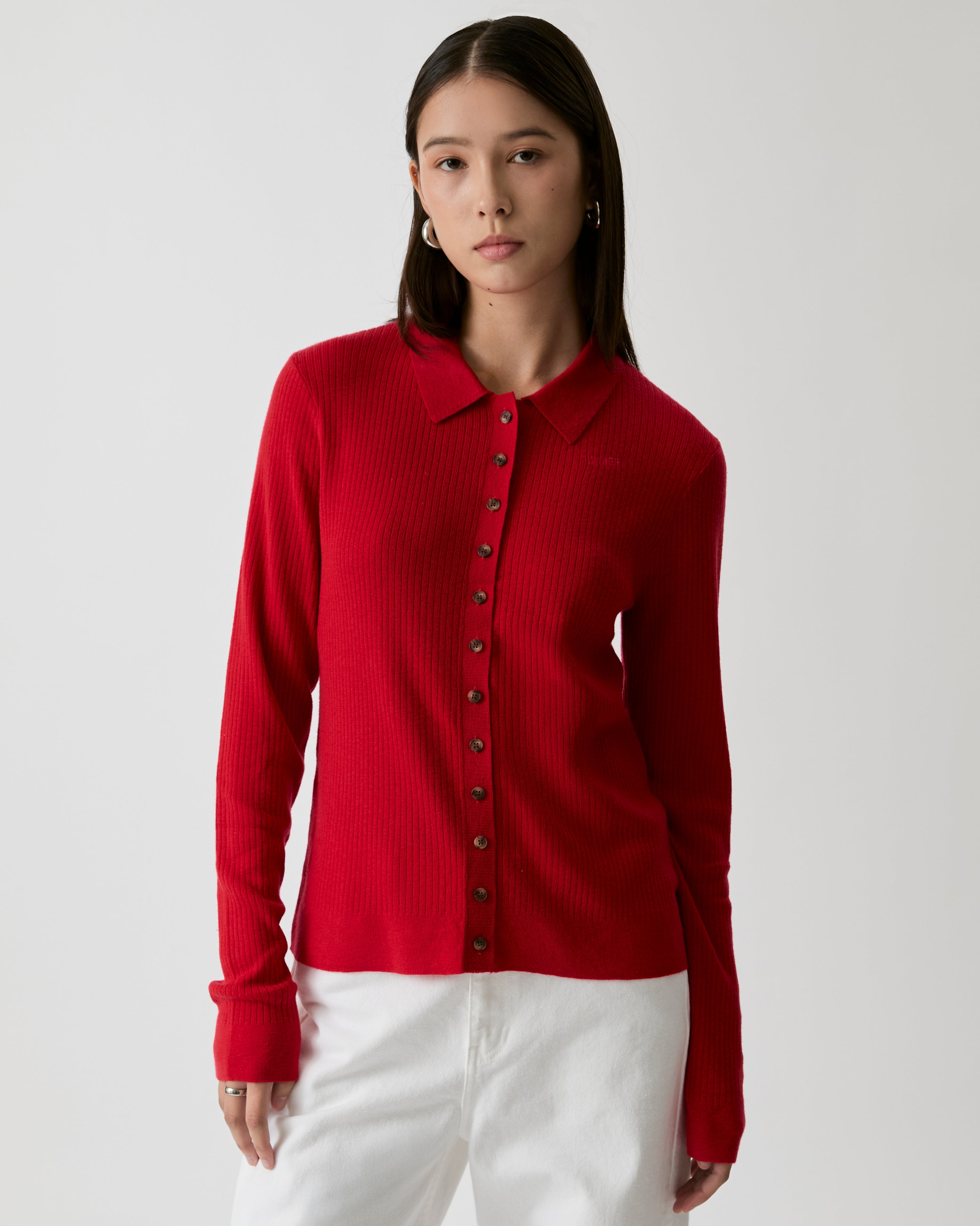 Knit Programme - Slim Knitted Polo Cardigan in Rouge