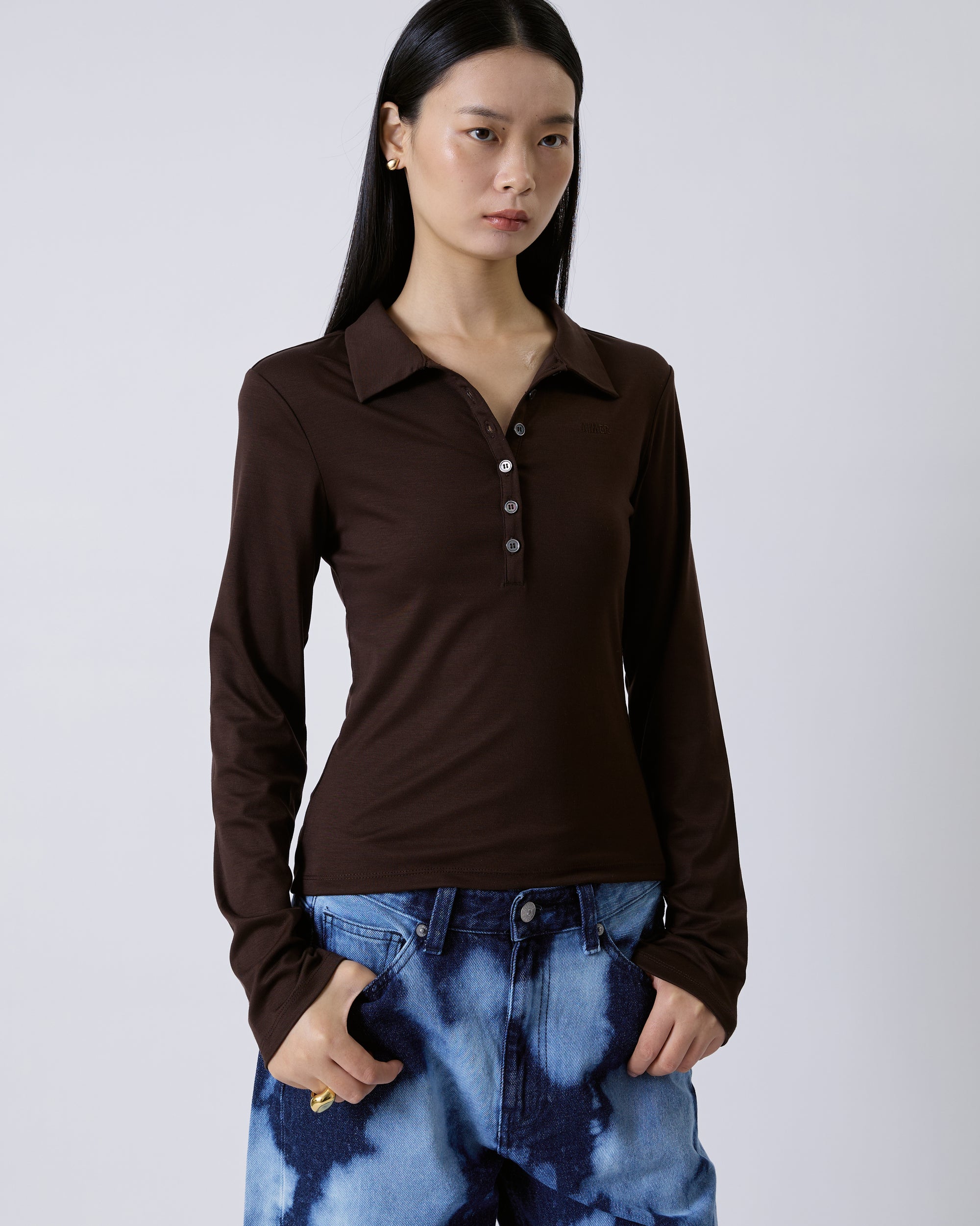 Jungle Urbaine - Slim Fit Long Sleeve Polo in Dark Brown