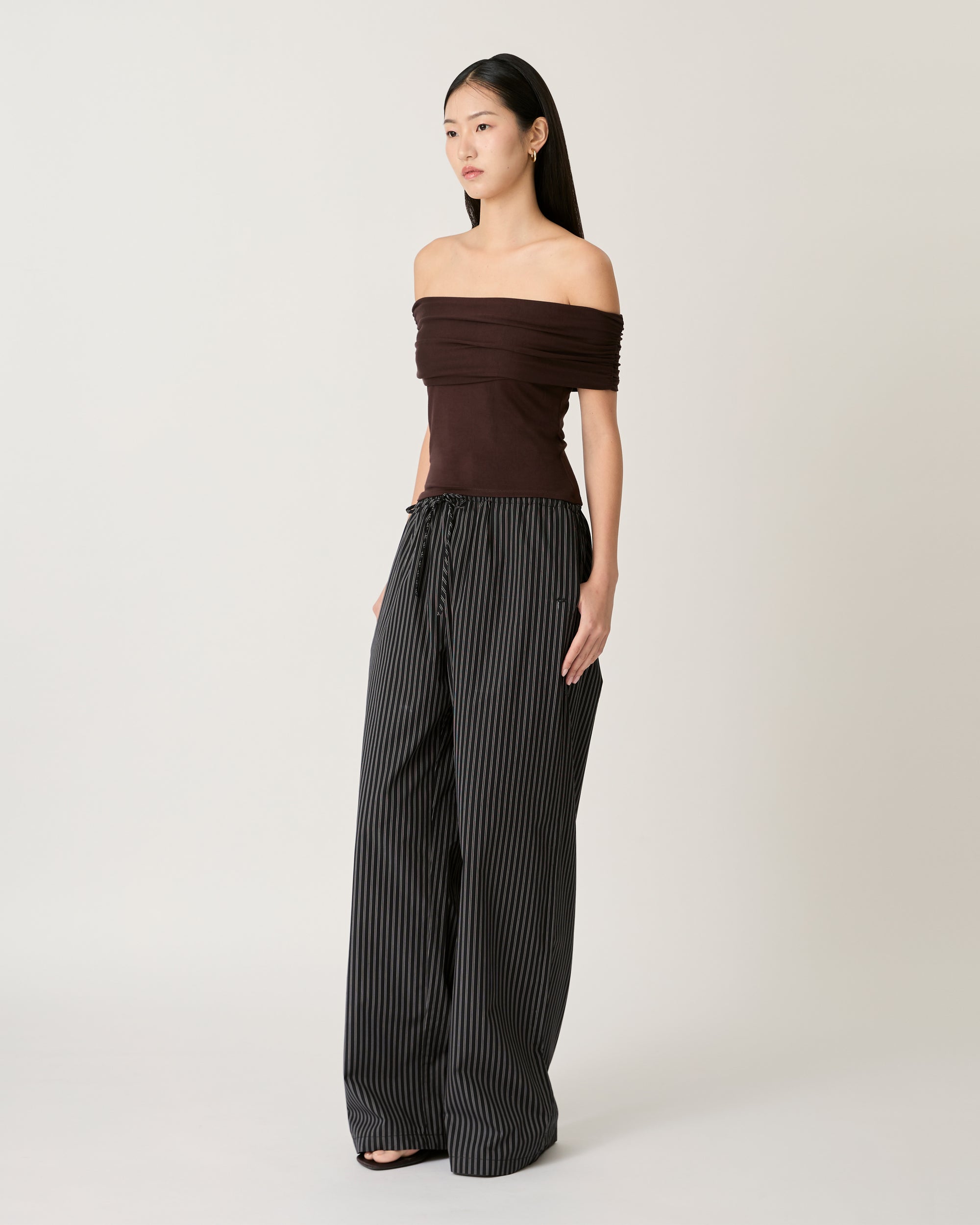 Returns to Nature - Drawstring Cotton Trousers in Black Pinstripe