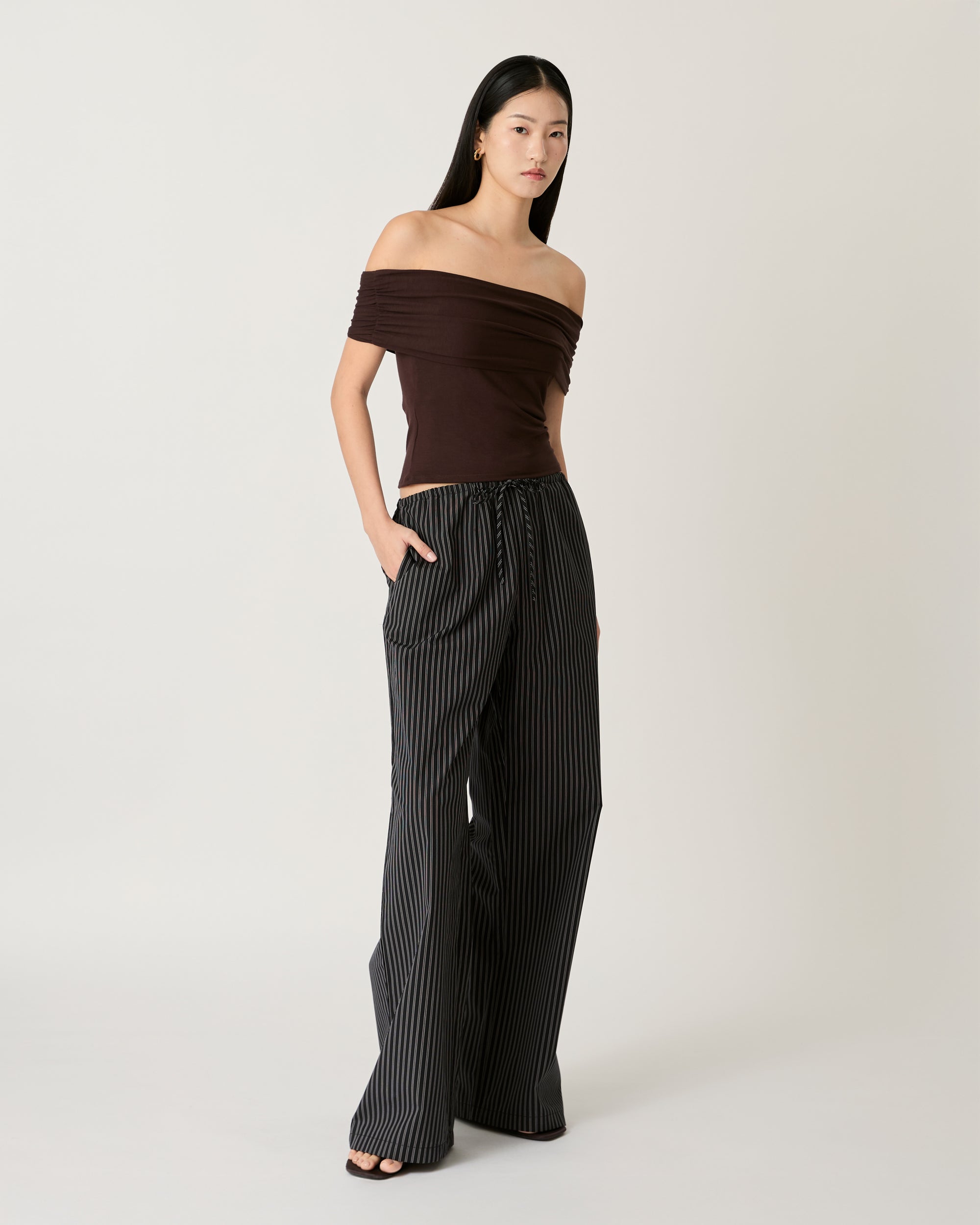 Returns to Nature - Drawstring Cotton Trousers in Black Pinstripe