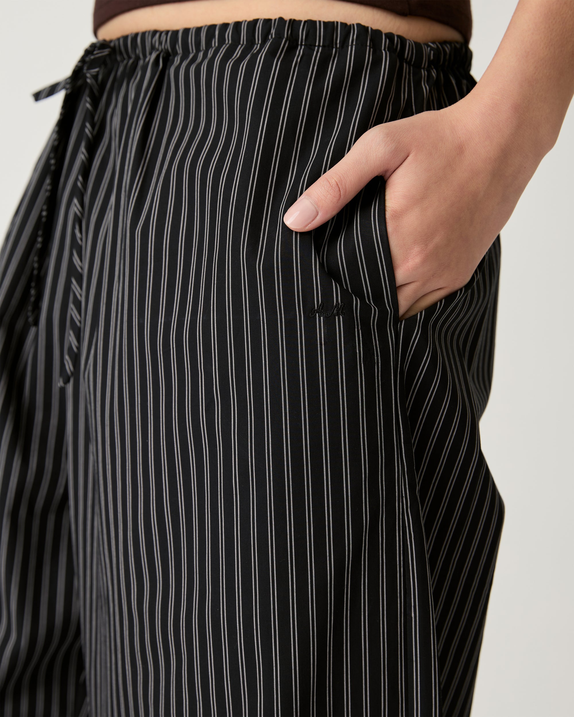 Returns to Nature - Drawstring Cotton Trousers in Black Pinstripe