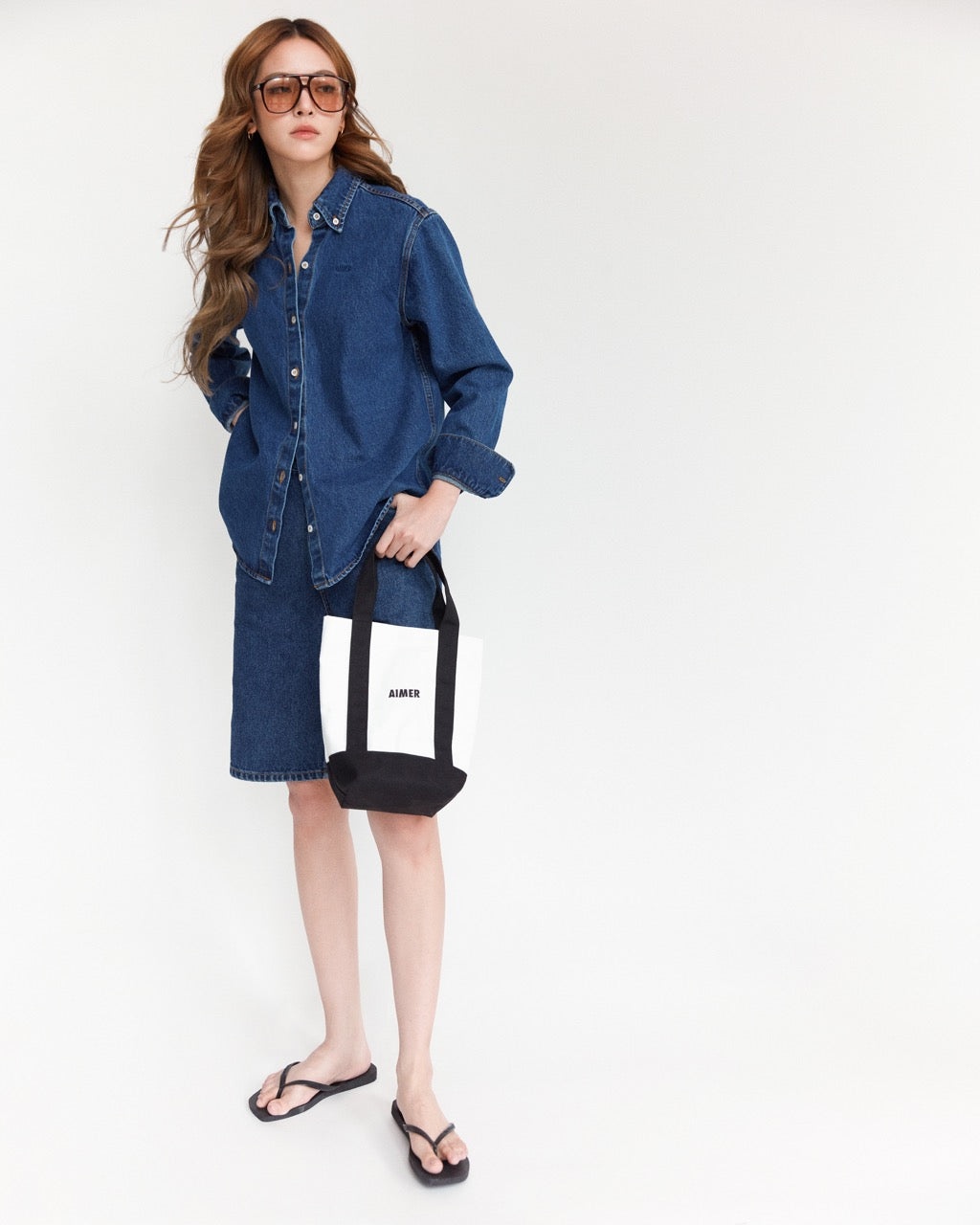 AIMER Denim Edition - Small Tote Bag in Ivory Black Canvas