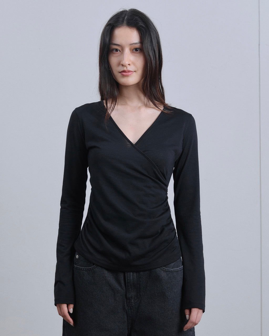SS25 Denim - Cross V Long Sleeve Top in Black