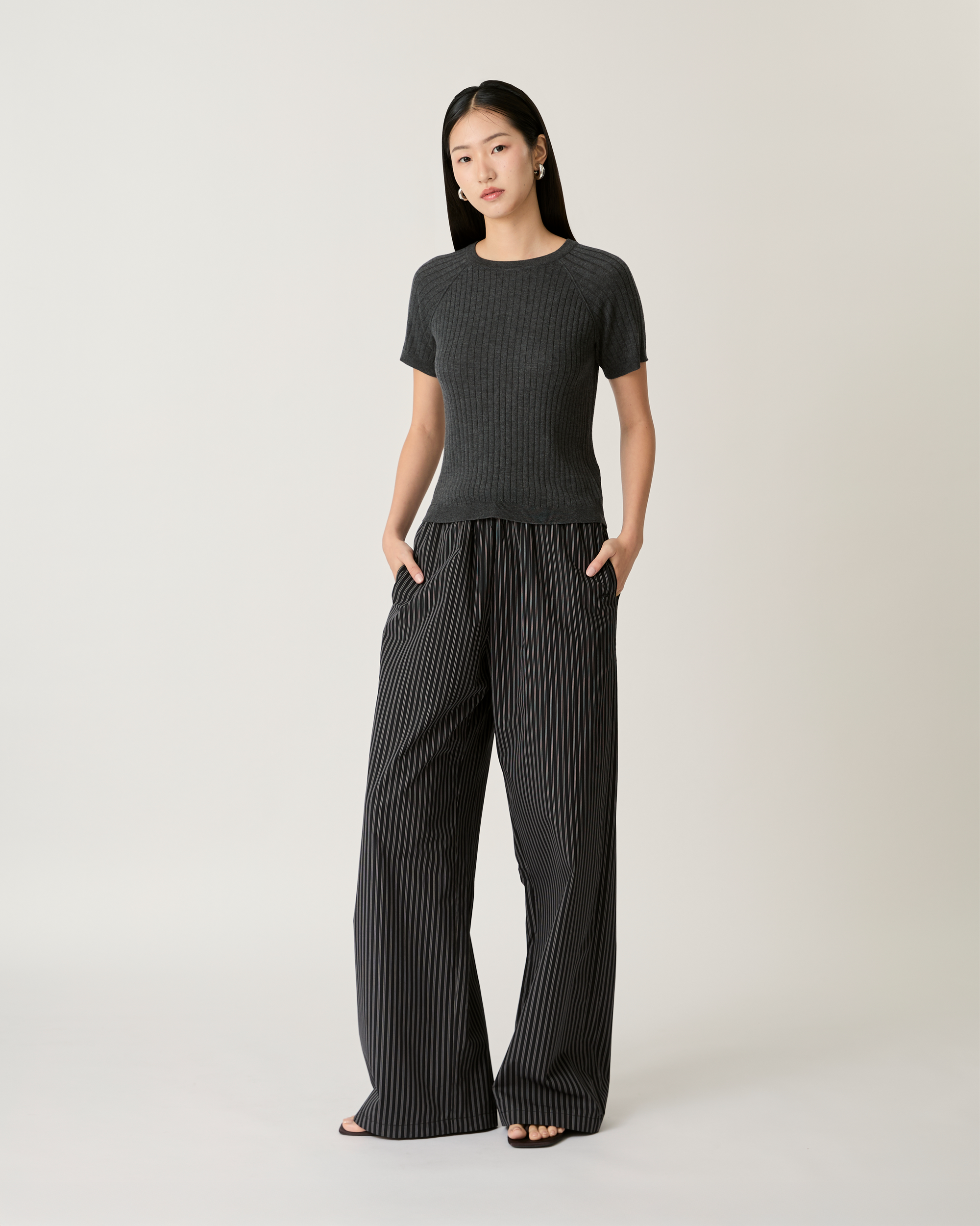 Returns to Nature - Drawstring Cotton Trousers in Black Pinstripe