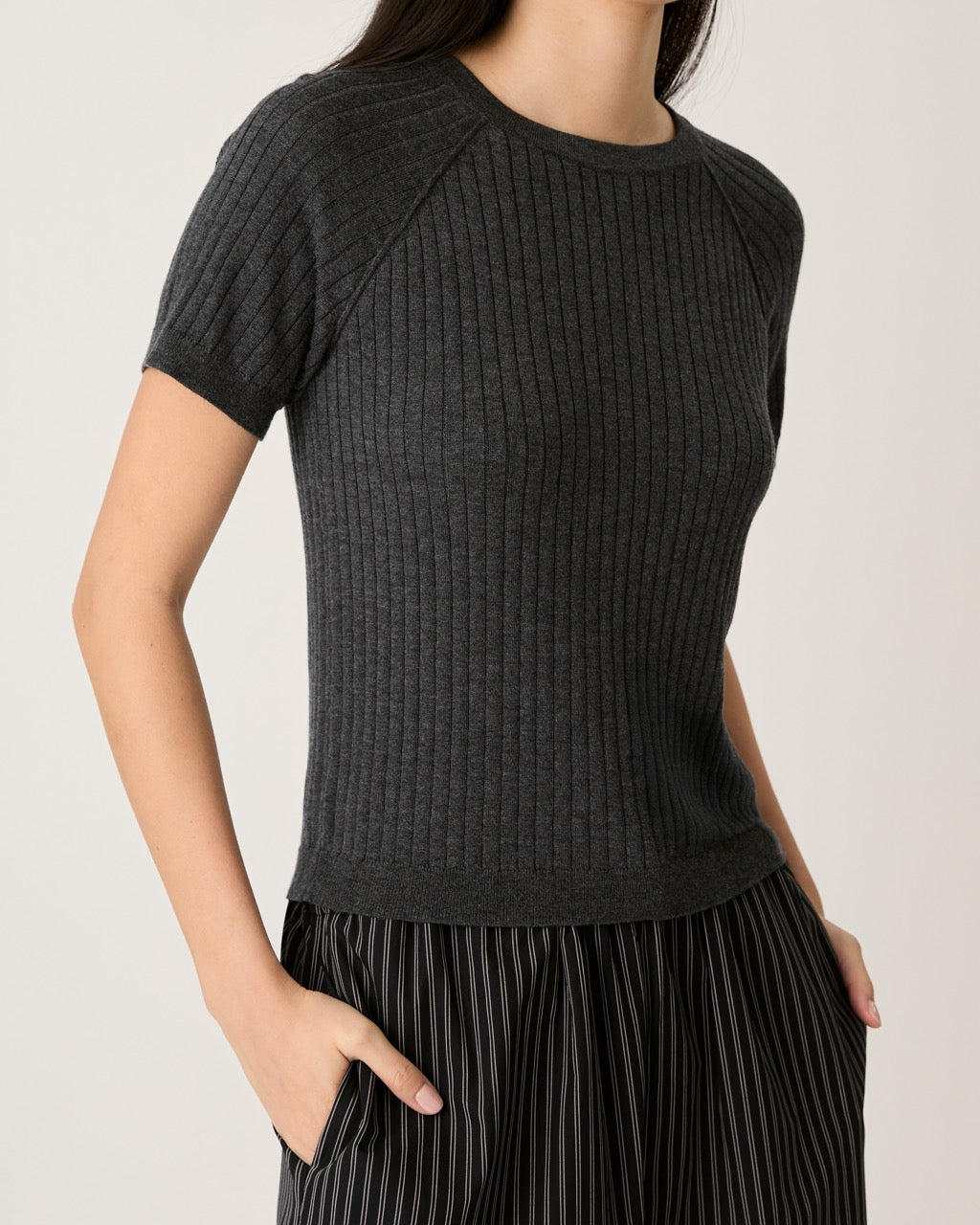 Knit Programme - Short Sleeve Knitted Sweater in Dark Grey