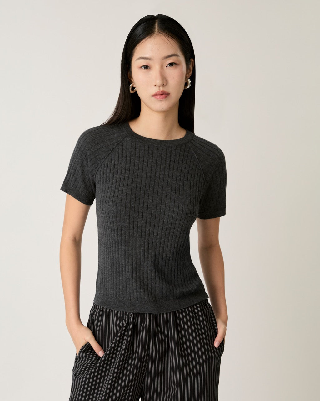 Knit Programme - Short Sleeve Knitted Sweater in Dark Grey