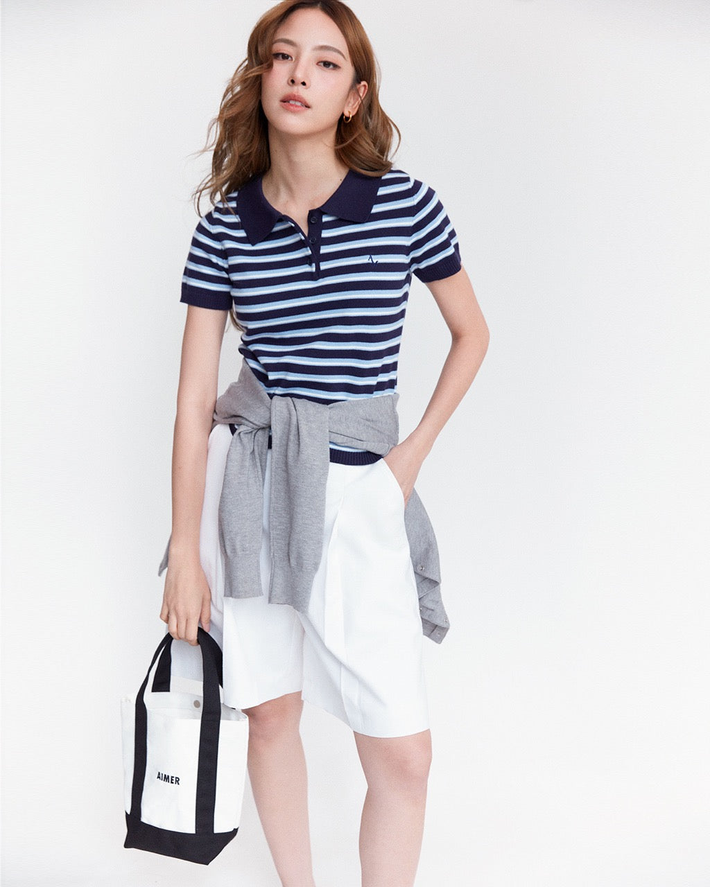 AIMER Denim Edition - Knitted Polo Top in Navy Blue Stripe