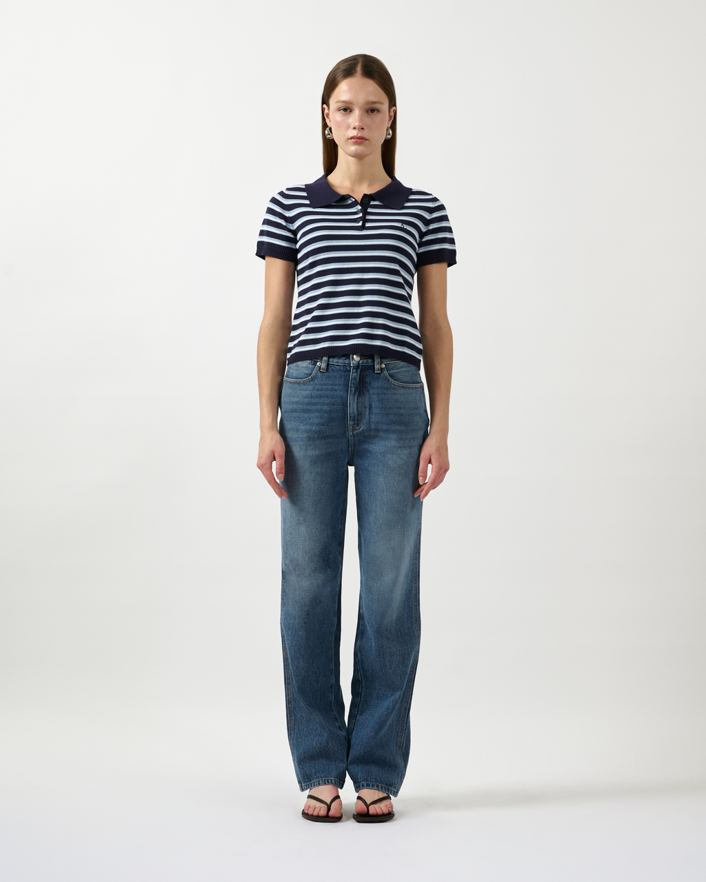 AIMER Denim Edition - Knitted Polo Top in Navy Blue Stripe