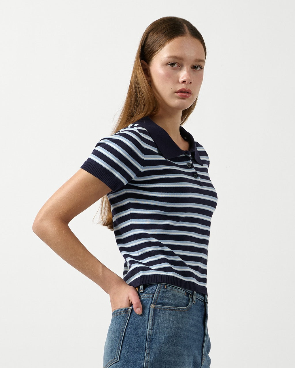 AIMER Denim Edition - Knitted Polo Top in Navy Blue Stripe