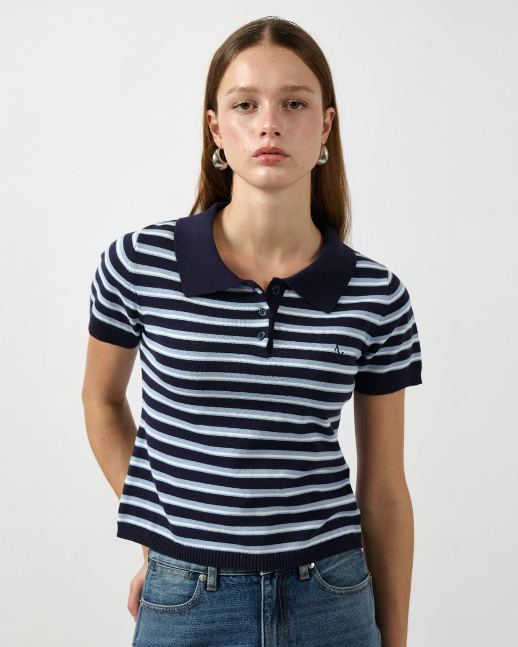 AIMER Denim Edition - Knitted Polo Top in Navy Blue Stripe