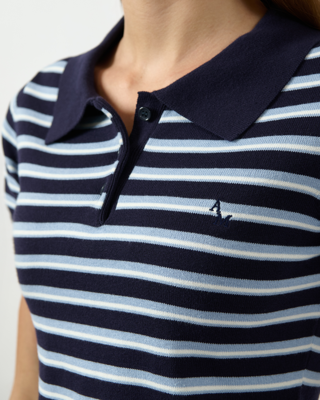 AIMER Denim Edition - Knitted Polo Top in Navy Blue Stripe