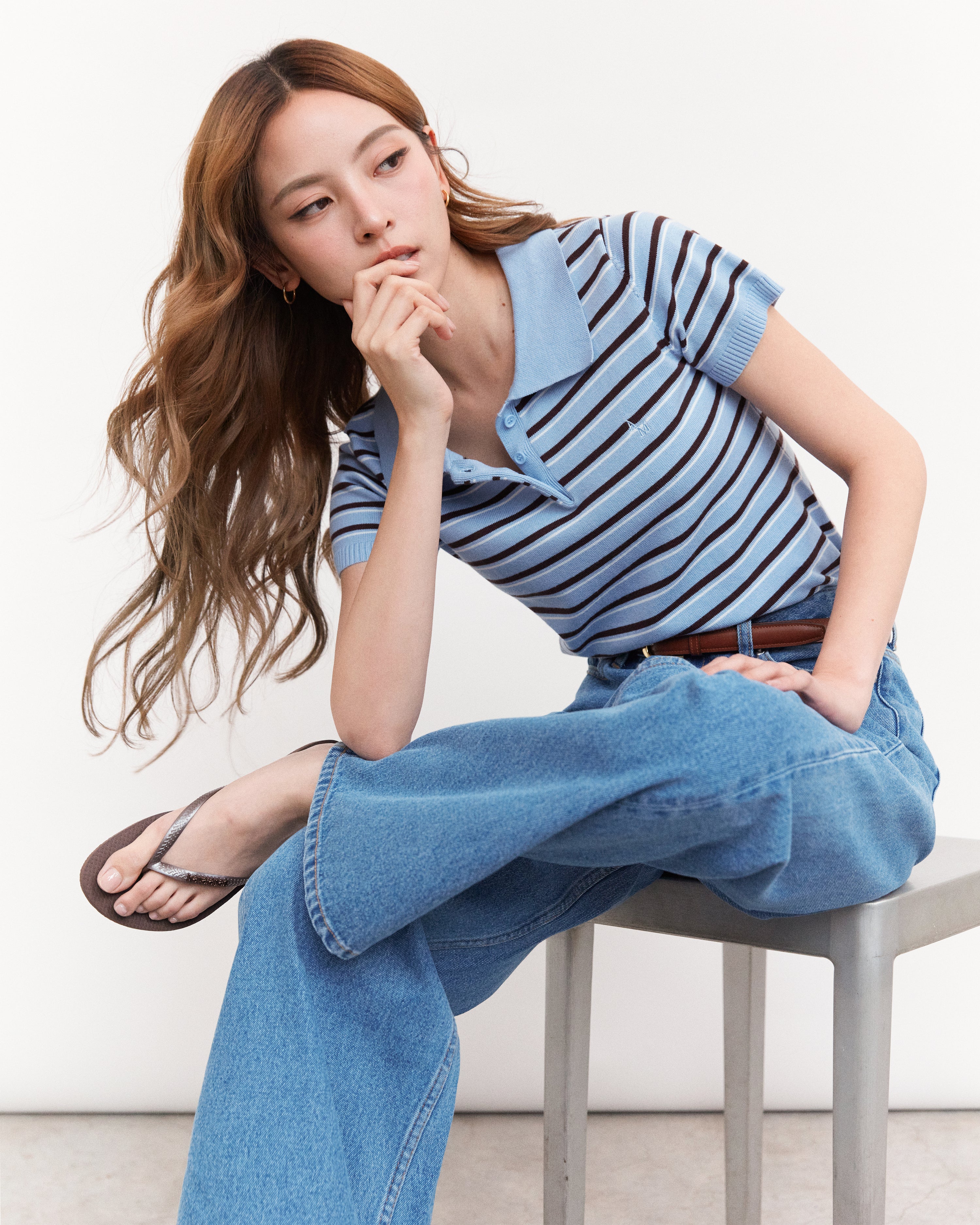 AIMER Denim Edition - Knitted Polo Top in Blue Dark Brown Stripe