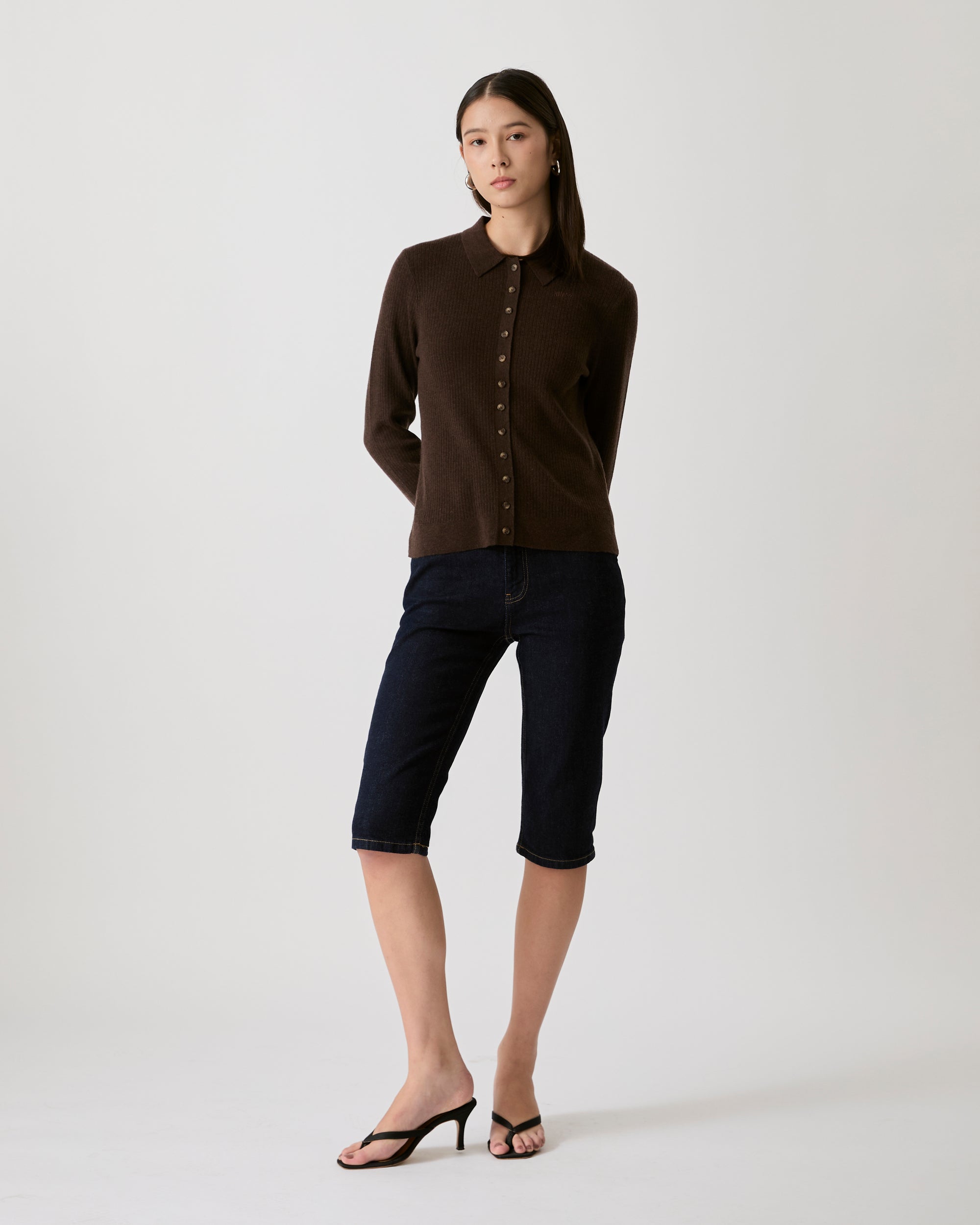 Knit Programme - Slim Knitted Polo Cardigan in Dark Brown