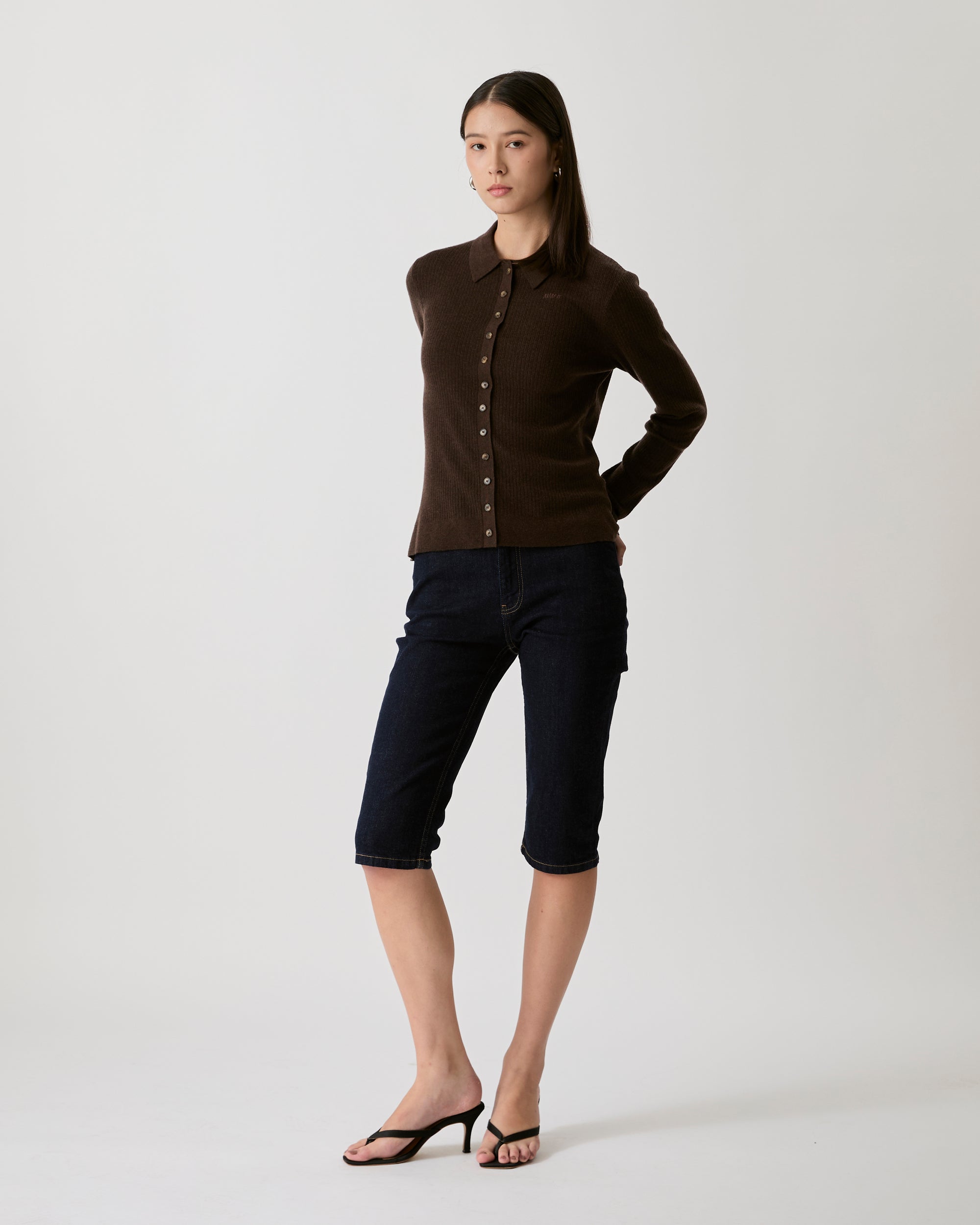 Knit Programme - Slim Knitted Polo Cardigan in Dark Brown