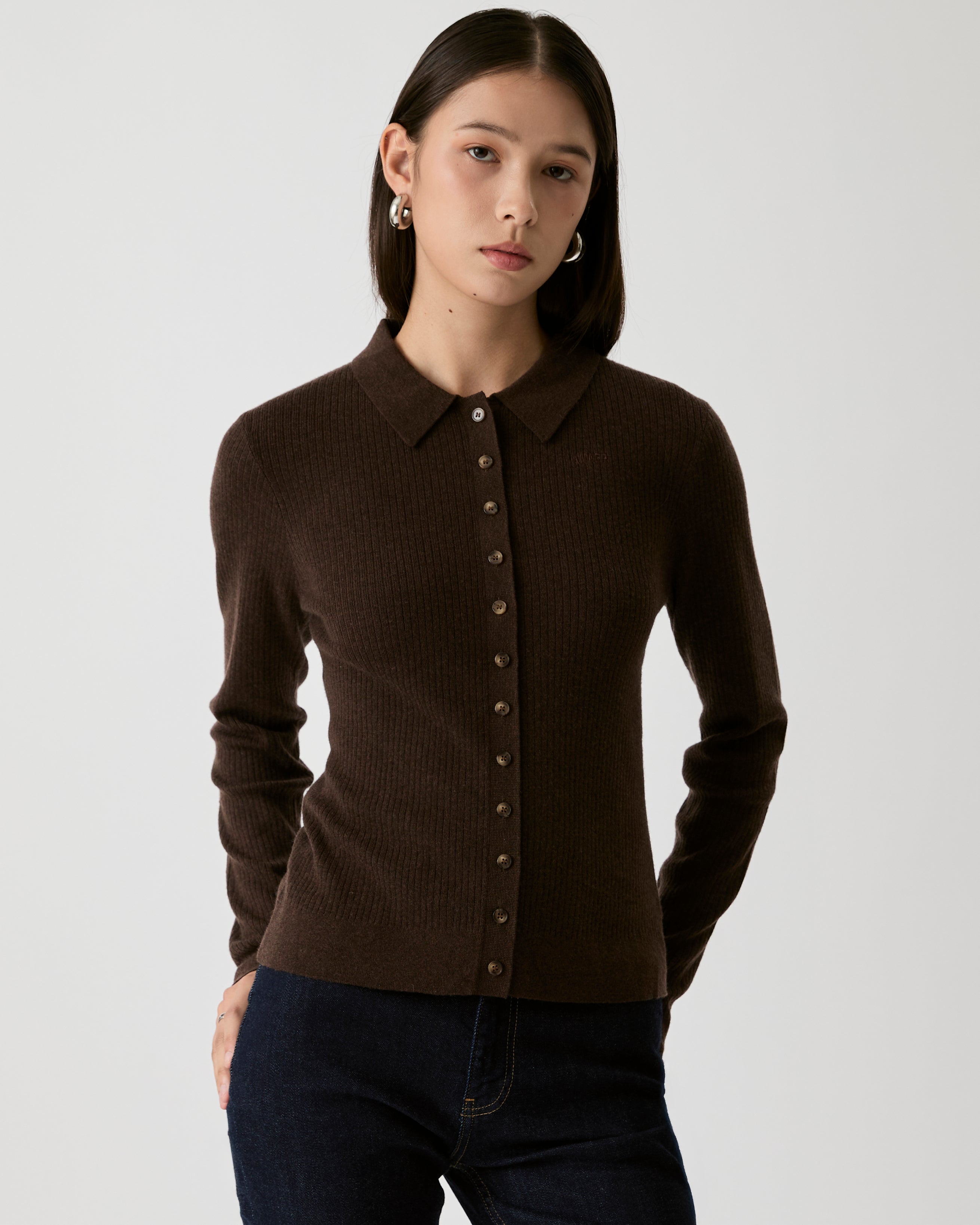 Knit Programme - Slim Knitted Polo Cardigan in Dark Brown