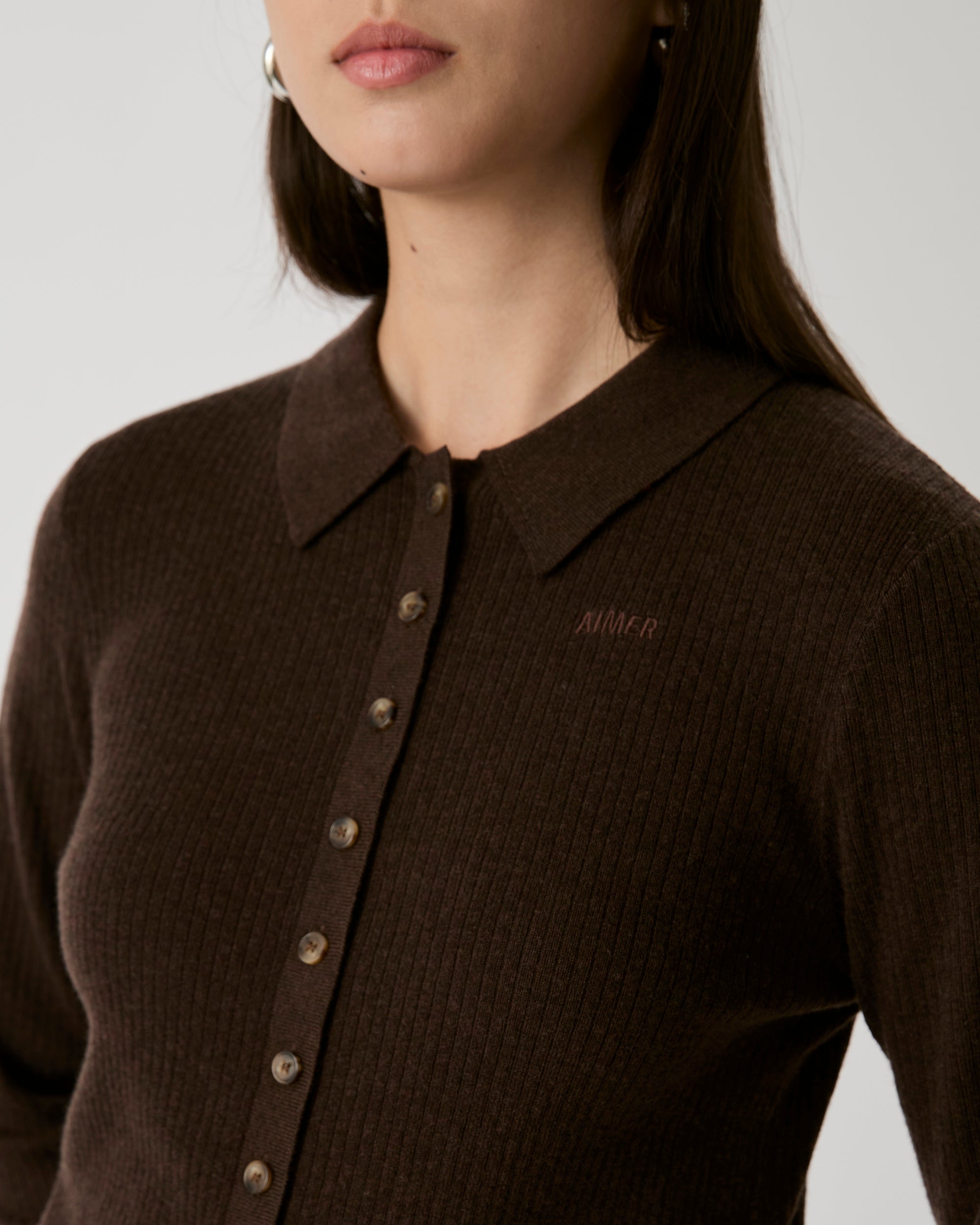 Knit Programme - Slim Knitted Polo Cardigan in Dark Brown