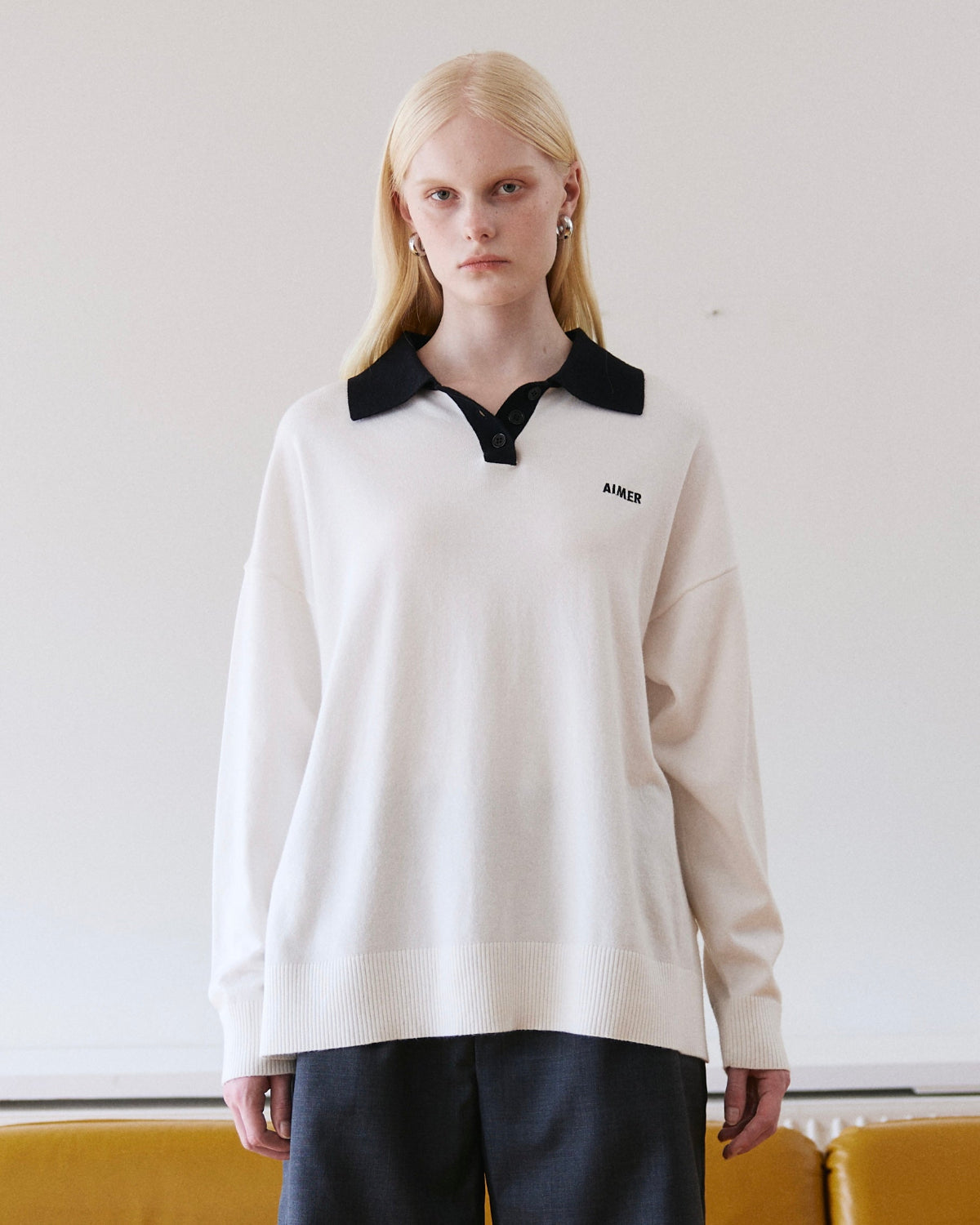 Holiday Collection - Essential Knit Oversized Polo in Black Collar/White