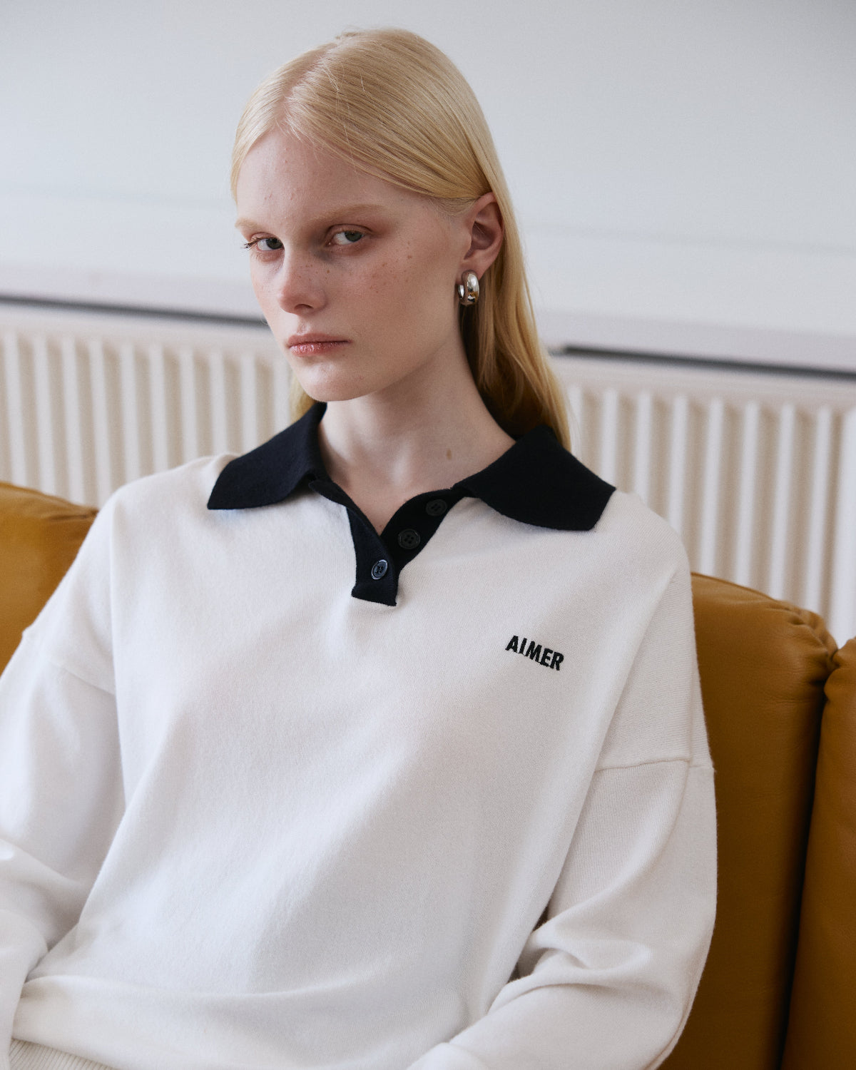 Holiday Collection - Essential Knit Oversized Polo in Black Collar/White