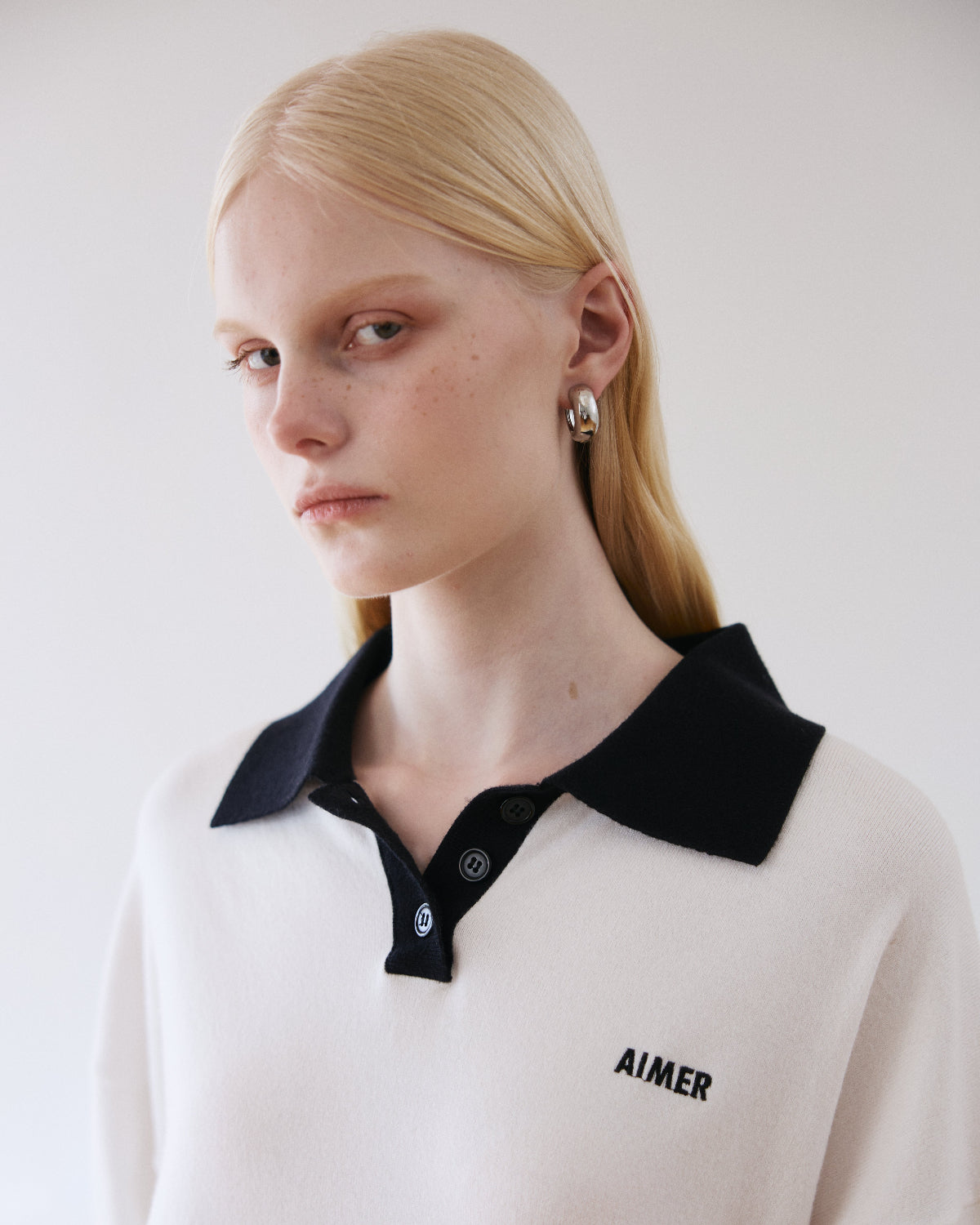 Holiday Collection - Essential Knit Oversized Polo in Black Collar/White