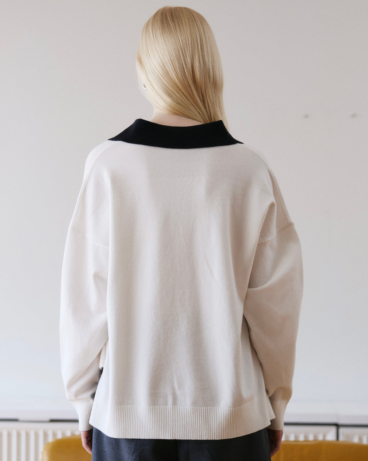 Holiday Collection - Essential Knit Oversized Polo in Black Collar/White